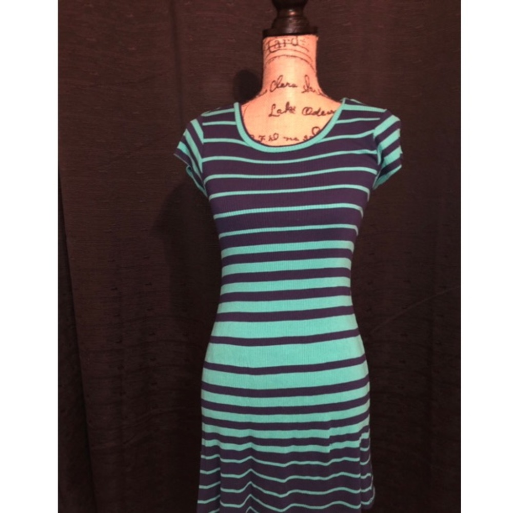 Green and Navy blue striped t-shirt dress
